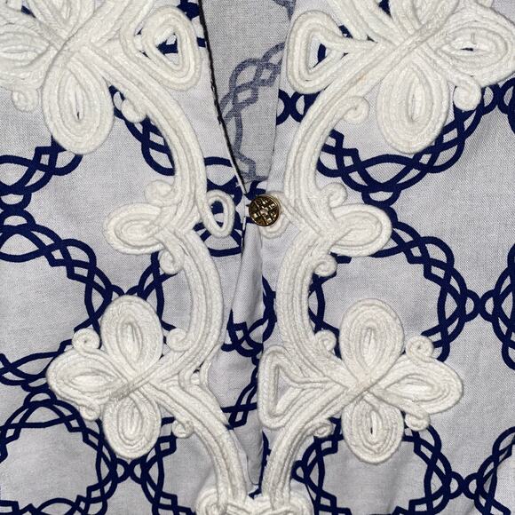 Basic Editions White Blue Embroidered Printed 3/4 Sleeve Tunic Top Women's Small - Picture 5 of 6